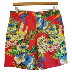 Vintage 80s Lifeguard Shorts Mens Medium Tropical Floral Swim Trunks Red Retro